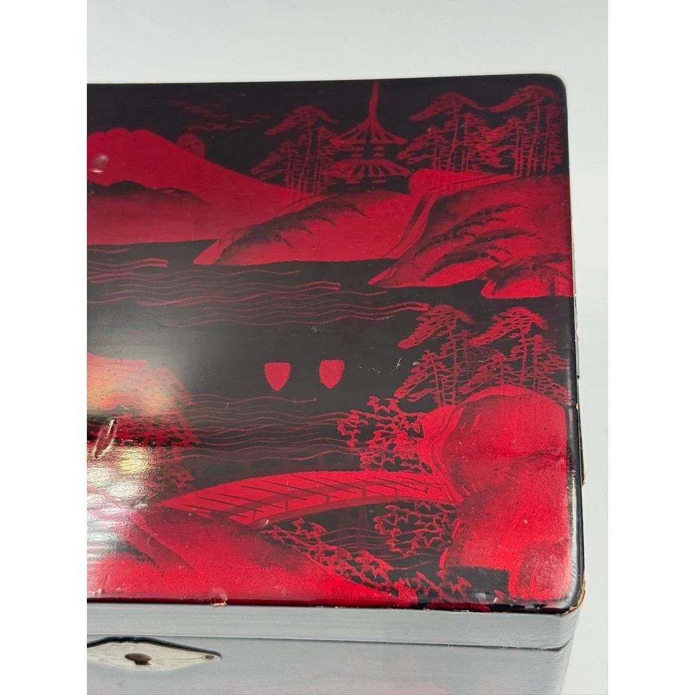 Vintage Japanese Black Red Lacquer Jewelry & Music Box Mount Fuji Pagoda Footed